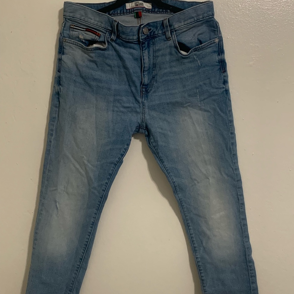 Tommy Hilfiger Slim Tapered Denim Pants, W:33 L:30, Color Blue and White.